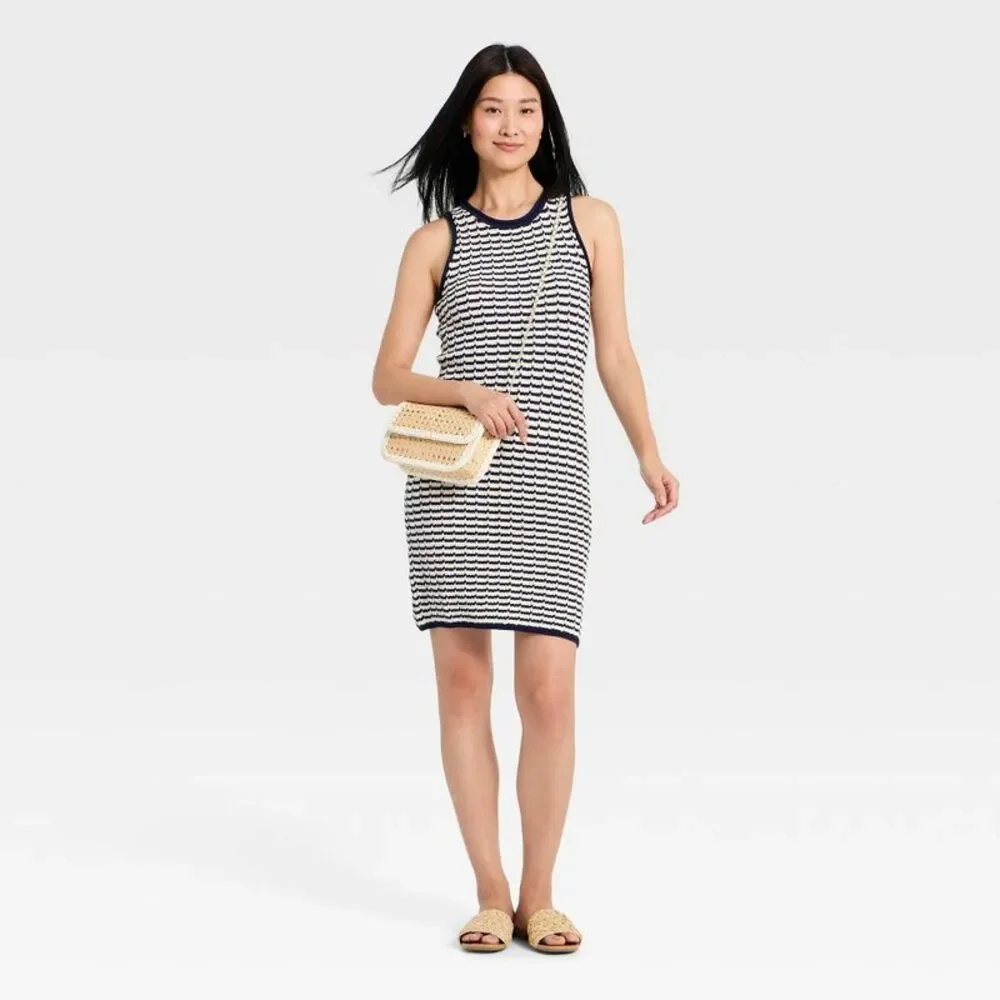 Women's Crochet Mini Sweater Dress - A New Day Navy Blue Striped L